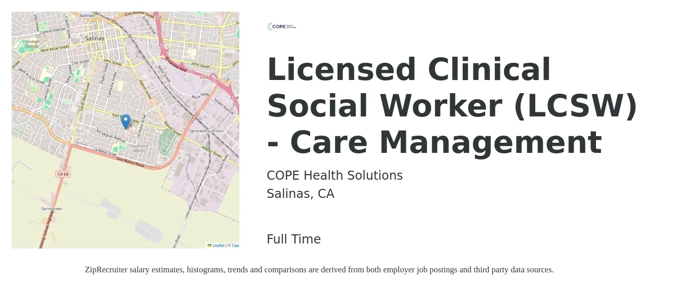 COPE Health Solutions job posting for a Licensed Clinical Social Worker (LCSW) - Care Management in Salinas, CA with a salary of $50 to $65 Hourly with a map of Salinas location.