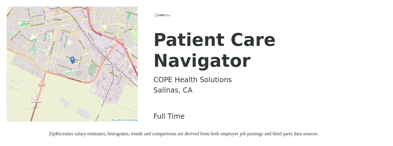 COPE Health Solutions job posting for a Patient Care Navigator in Salinas, CA with a salary of $16 to $22 Hourly with a map of Salinas location.