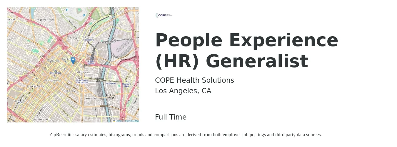COPE Health Solutions job posting for a People Experience (HR) Generalist in Los Angeles, CA with a salary of $75,000 to $85,000 Yearly with a map of Los Angeles location.