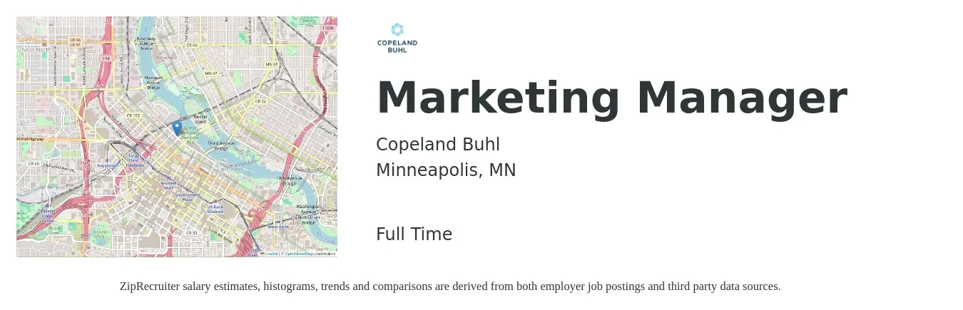 Copeland Buhl job posting for a Marketing Manager in Minneapolis, MN with a salary of $62,600 to $102,300 Yearly with a map of Minneapolis location.