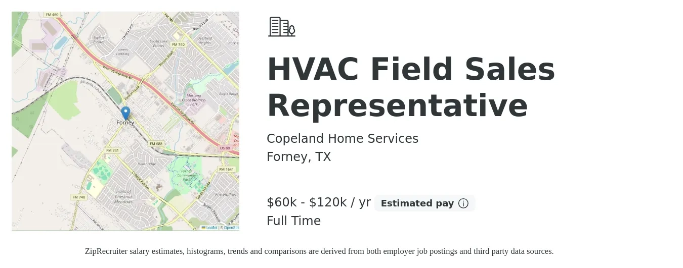 Copeland Home Services job posting for a Hvac Field Sales Representative in Forney, TX with a salary of $60,000 to $120,000 Yearly with a map of Forney location.