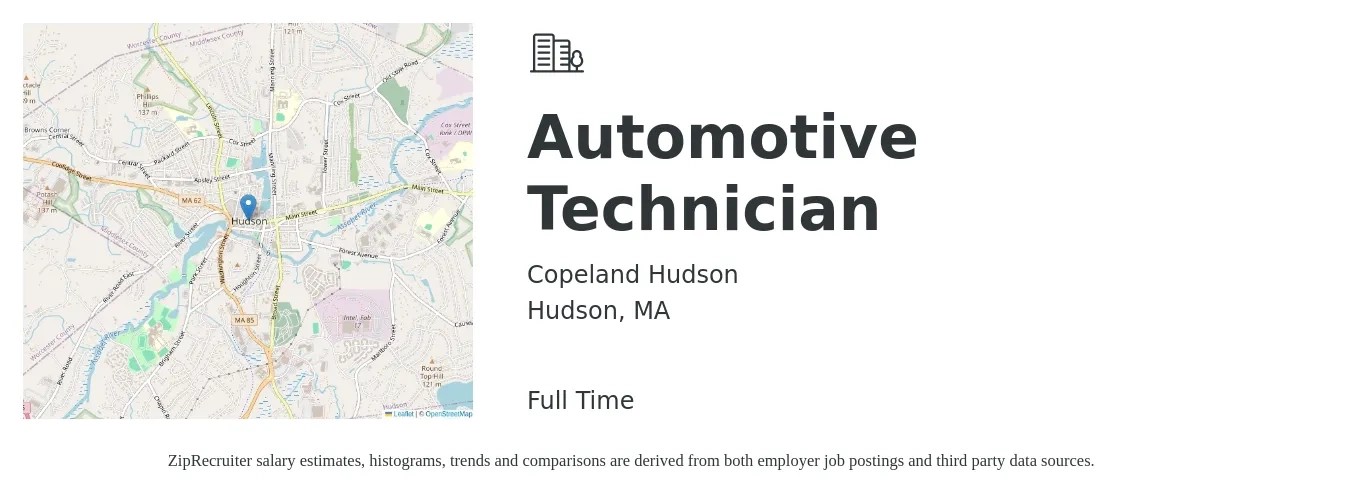 Copeland Hudson job posting for a Automotive Technician in Hudson, MA with a salary of $23 to $36 Hourly with a map of Hudson location.