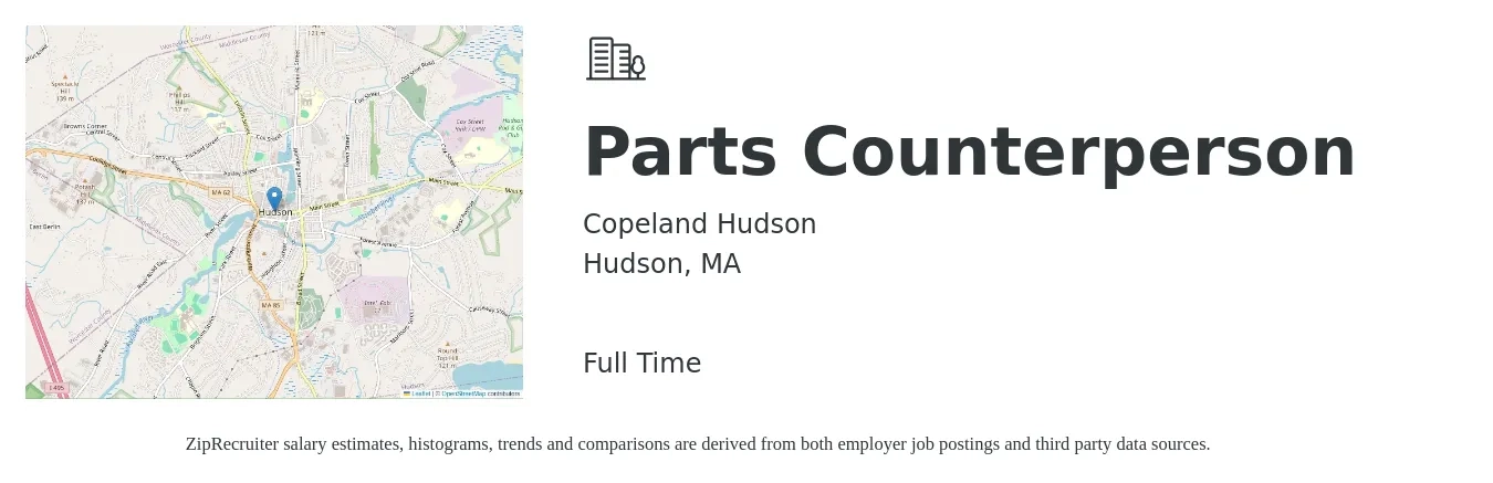 Copeland Hudson job posting for a Parts Counterperson in Hudson, MA with a salary of $19 to $26 Hourly with a map of Hudson location.