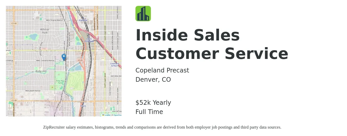 Copeland Precast job posting for a Inside Sales Customer Service in Denver, CO with a salary of $52,000 Yearly with a map of Denver location.