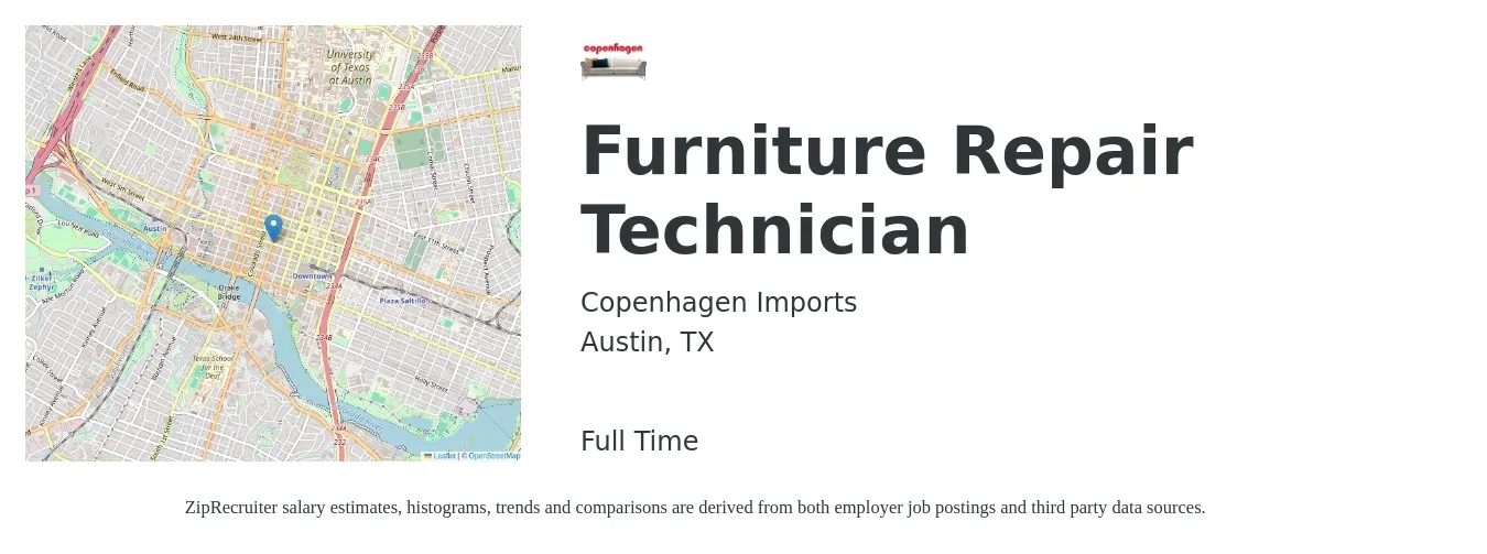 Copenhagen Imports job posting for a Furniture Repair Technician in Austin, TX with a salary of $17 to $23 Hourly with a map of Austin location.