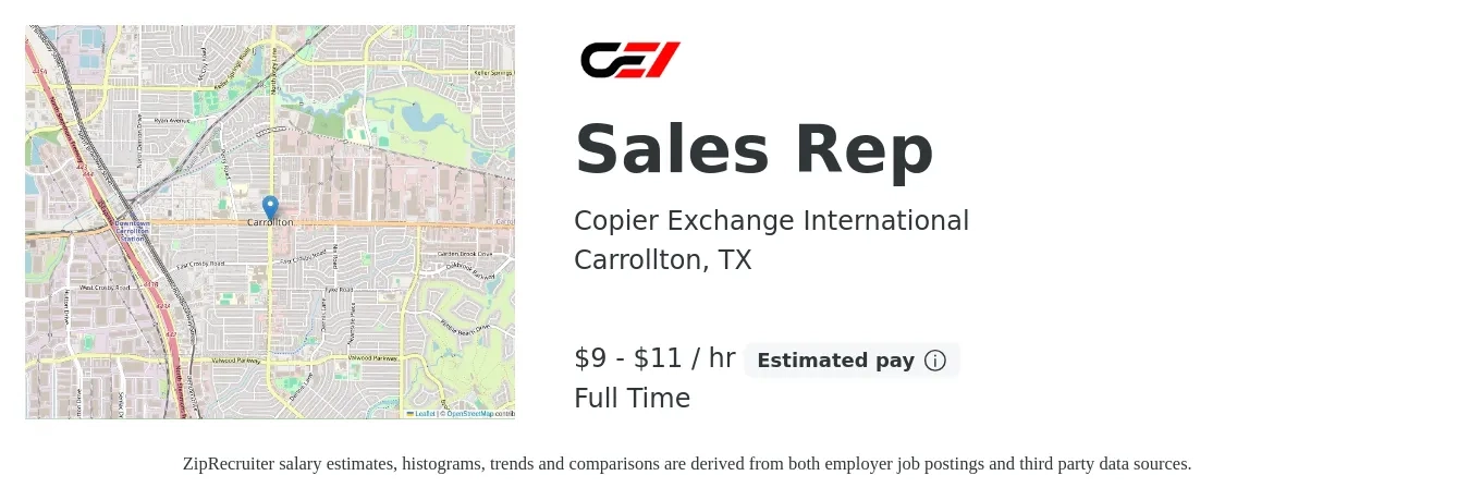 Copier Exchange International job posting for a Sales Rep in Carrollton, TX with a salary of $10 to $12 Hourly (plus commission) and benefits including pto with a map of Carrollton location.