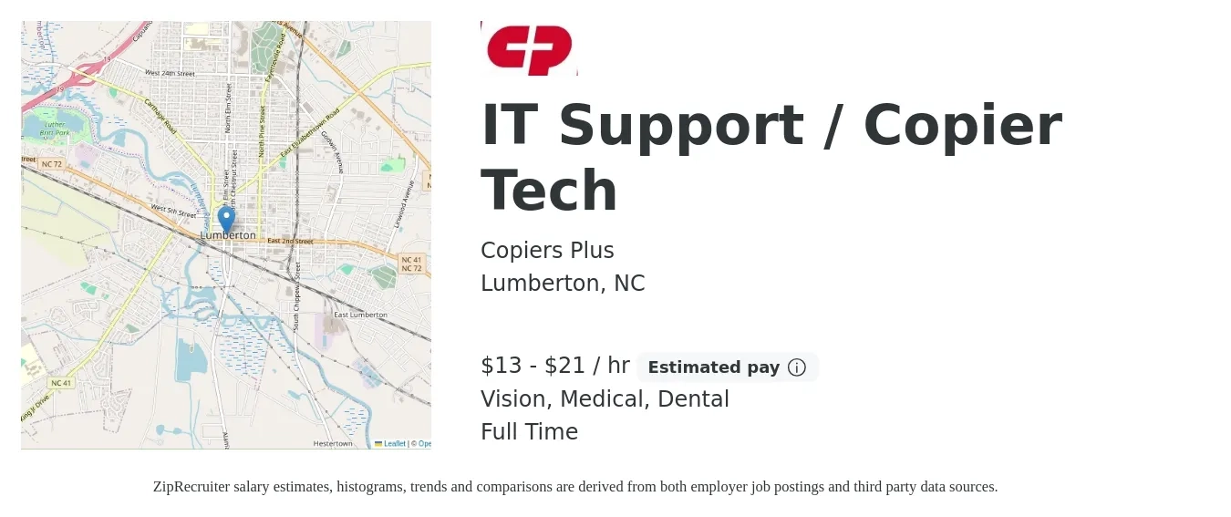 Copiers Plus job posting for a IT Support / Copier Tech in Lumberton, NC with a salary of $14 to $22 Hourly and benefits including vision, dental, life_insurance, and medical with a map of Lumberton location.