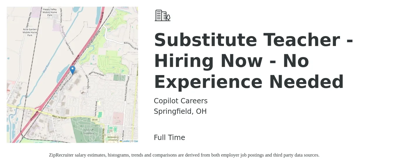 Copilot Careers job posting for a Substitute Teacher - Hiring Now - No Experience Needed in Springfield, OH with a salary of $125 Daily with a map of Springfield location.