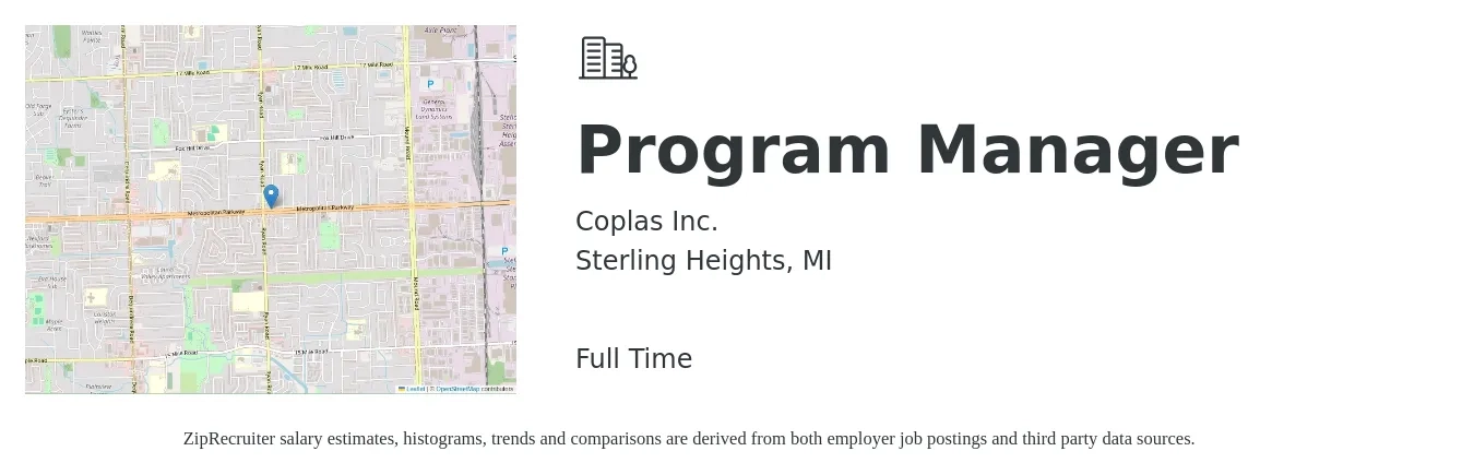 Coplas Inc. job posting for a Program Manager in Sterling Heights, MI with a salary of $73,900 to $123,200 Yearly with a map of Sterling Heights location.