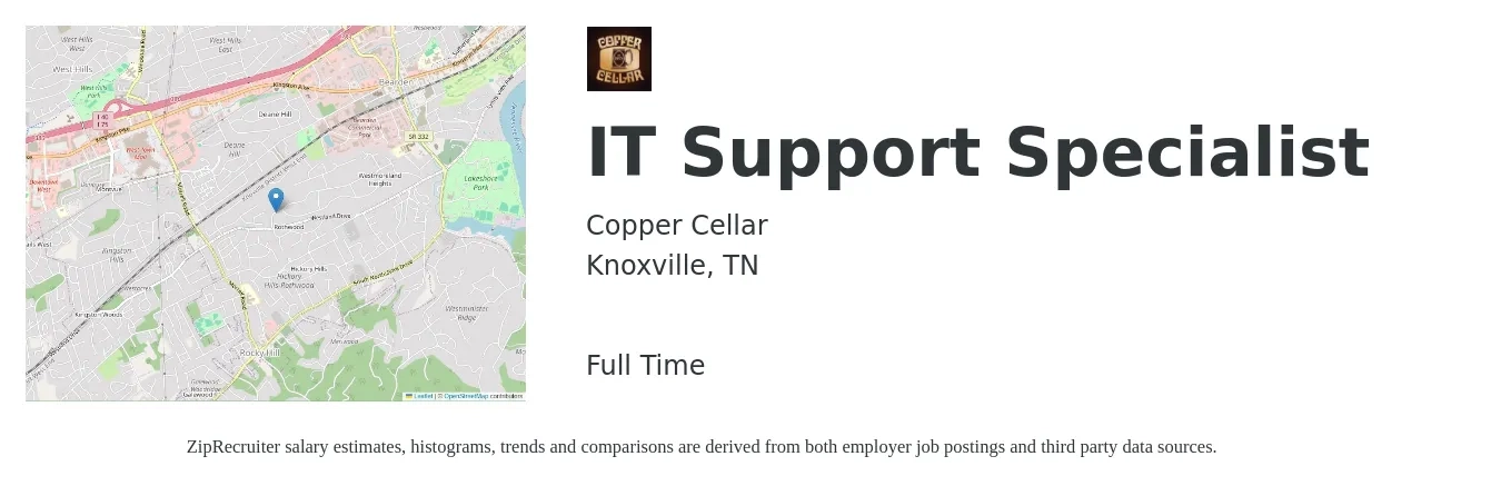 Copper Cellar job posting for a IT Support Specialist in Knoxville, TN with a salary of $44,400 to $89,700 Yearly with a map of Knoxville location.