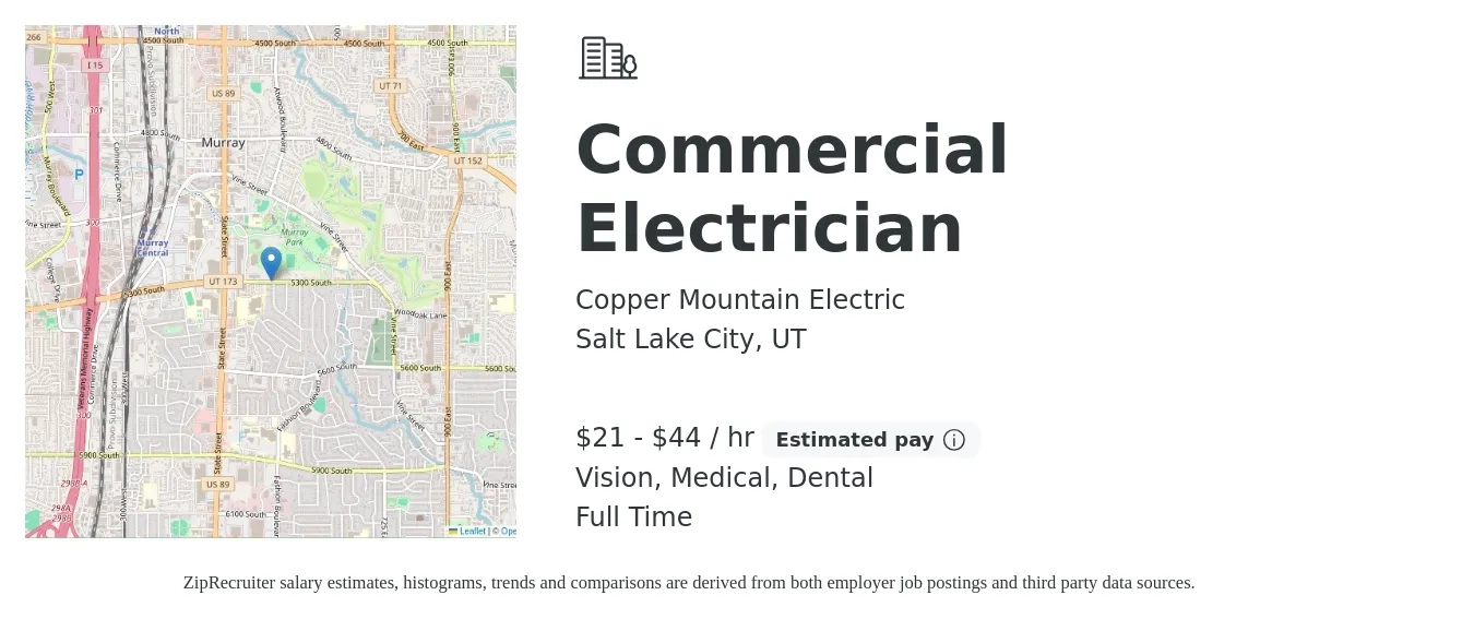 Copper Mountain Electric job posting for a Commercial Electrician in Salt Lake City, UT with a salary of $22 to $46 Hourly and benefits including retirement, vision, dental, and medical with a map of Salt Lake City location.