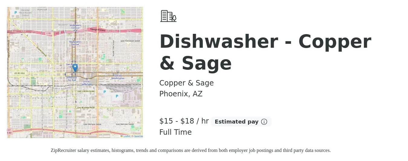 Copper & Sage job posting for a Dishwasher - Copper & Sage in Phoenix, AZ with a salary of $16 to $19 Hourly with a map of Phoenix location.