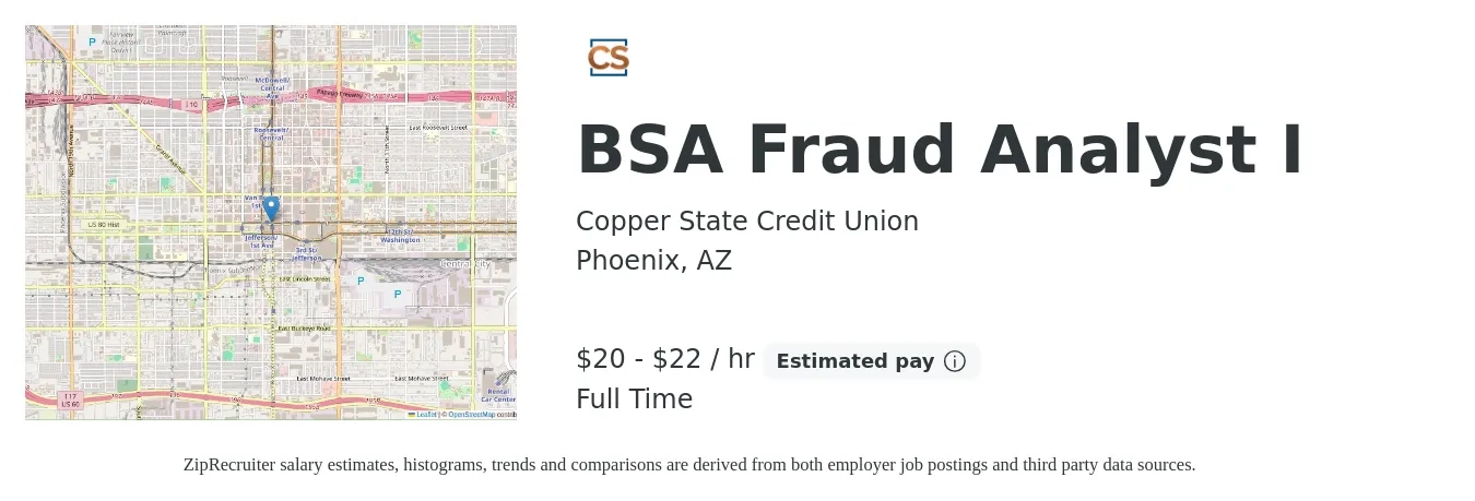 Copper State Credit Union job posting for a BSA Fraud Analyst I in Phoenix, AZ with a salary of $21 to $23 Hourly with a map of Phoenix location.