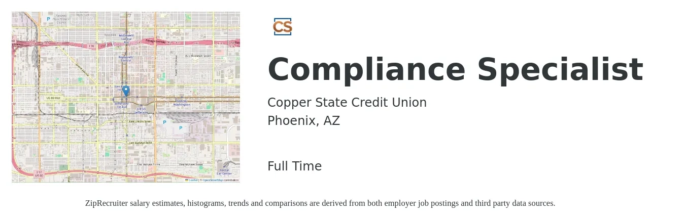 Copper State Credit Union job posting for a Compliance Specialist in Phoenix, AZ with a salary of $48,200 to $77,900 Yearly with a map of Phoenix location.
