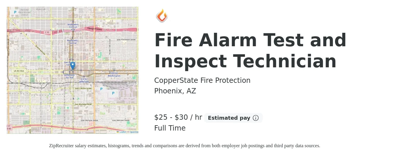 CopperState Fire Protection job posting for a Fire Alarm Test and Inspect Technician in Phoenix, AZ with a salary of $26 to $32 Hourly with a map of Phoenix location.