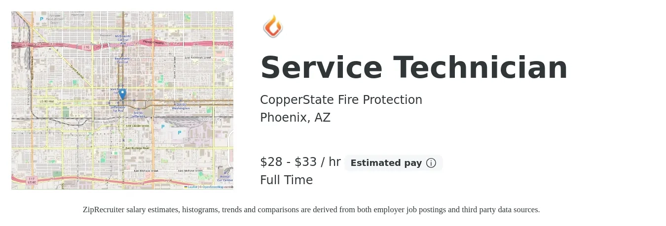 CopperState Fire Protection job posting for a Service Technician in Phoenix, AZ with a salary of $30 to $35 Hourly with a map of Phoenix location.