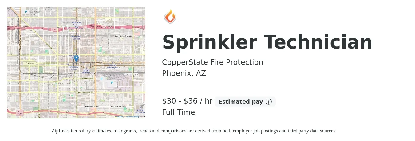 CopperState Fire Protection job posting for a Sprinkler Technician in Phoenix, AZ with a salary of $32 to $38 Hourly with a map of Phoenix location.