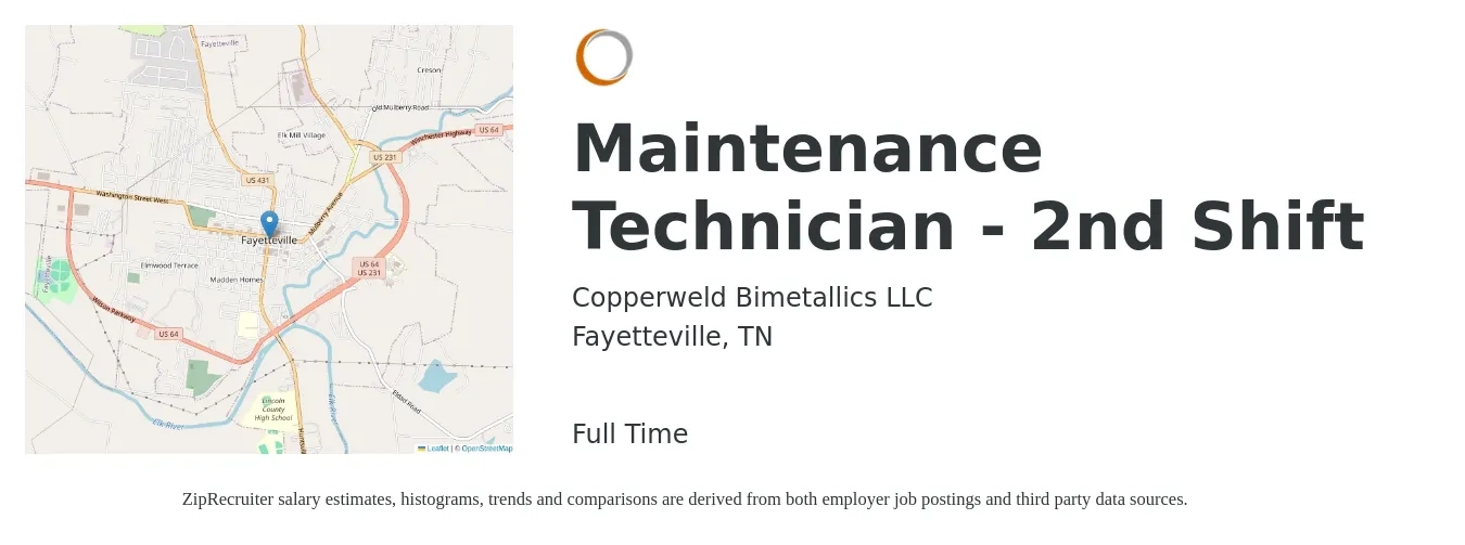 Copperweld Bimetallics LLC job posting for a Maintenance Technician - 2nd Shift in Fayetteville, TN with a salary of $17 to $24 Hourly with a map of Fayetteville location.