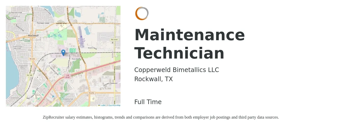 Copperweld Bimetallics LLC job posting for a Maintenance Technician in Rockwall, TX with a salary of $18 to $25 Hourly with a map of Rockwall location.