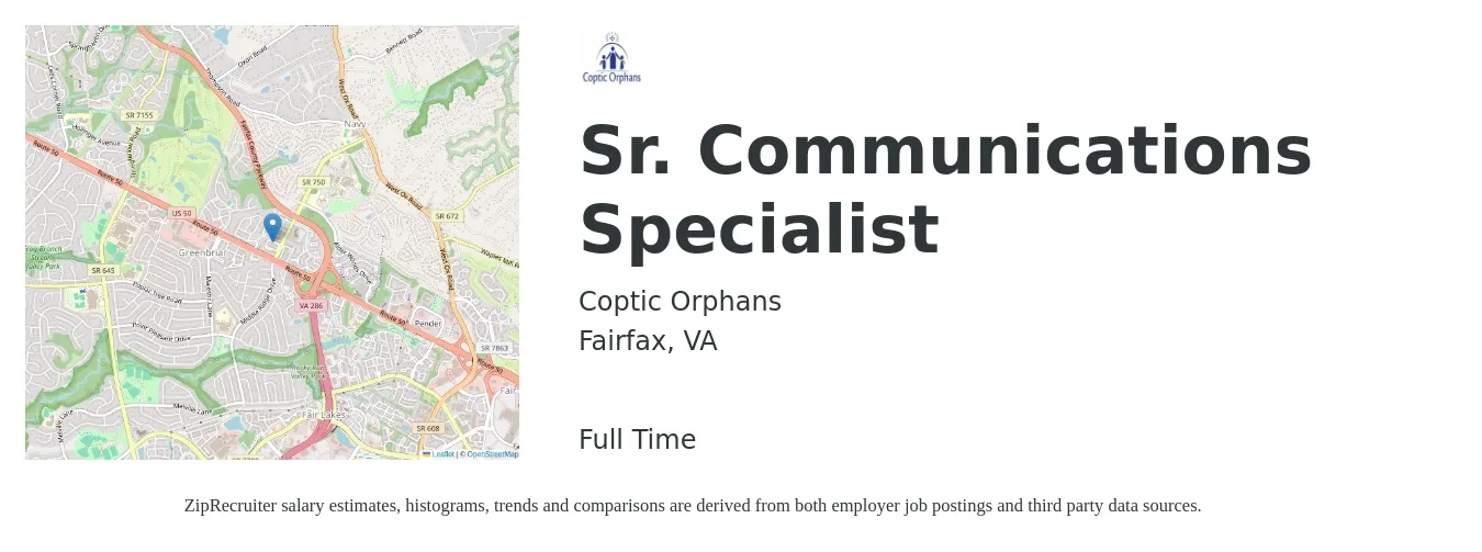 Coptic Orphans job posting for a Sr. Communications Specialist in Fairfax, VA with a salary of $65,000 to $97,800 Yearly with a map of Fairfax location.