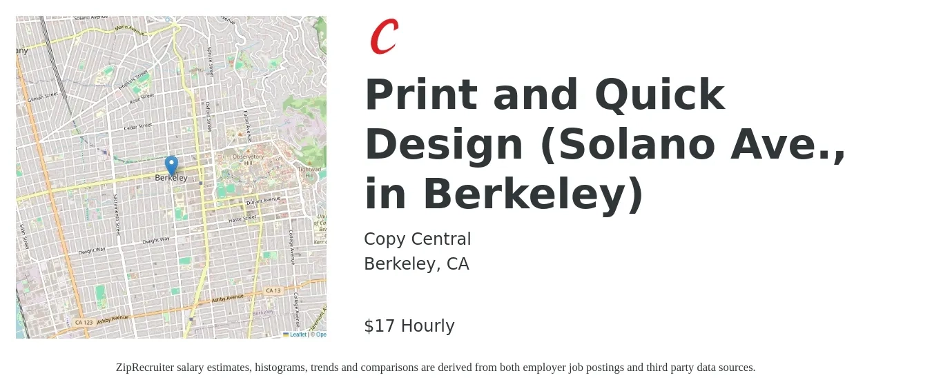 Copy Central job posting for a Print and Quick Design (Solano Ave., in Berkeley) in Berkeley, CA with a salary of $18 Hourly with a map of Berkeley location.