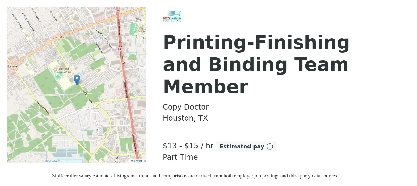 Copy Doctor job posting for a Printing-Finishing and Binding Team Member in Houston, TX with a salary of $14 to $16 Hourly with a map of Houston location.