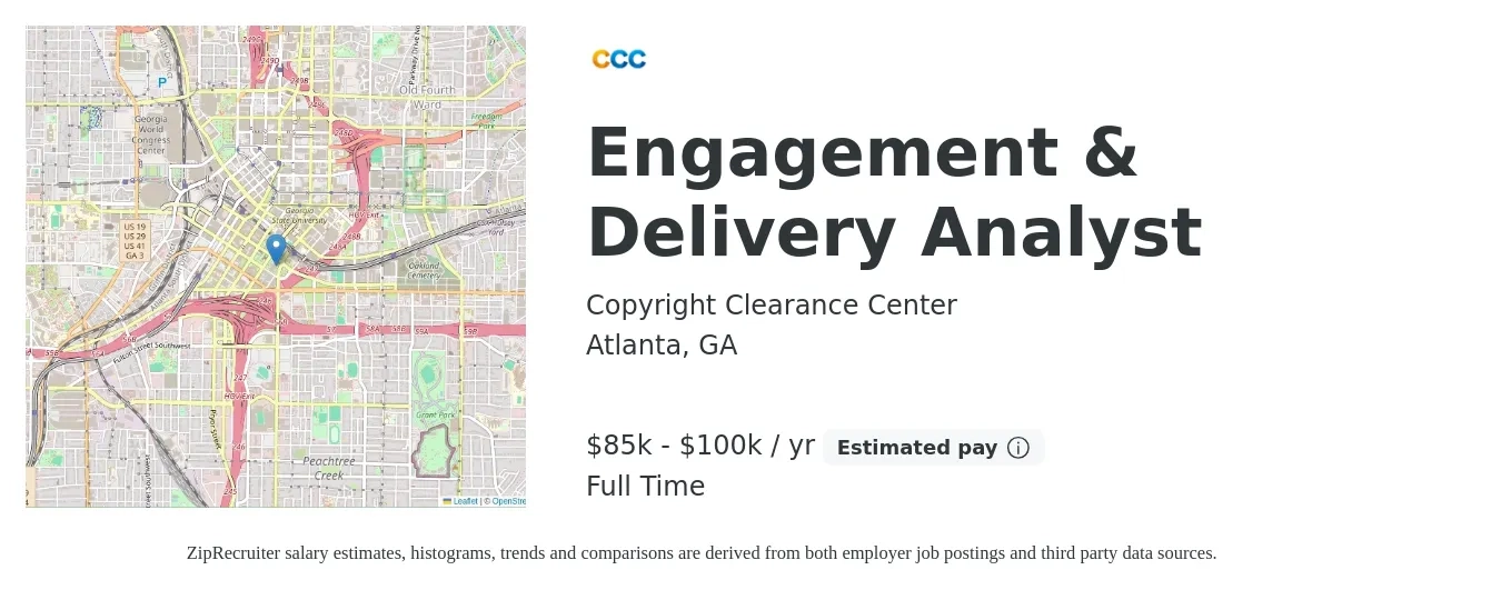 Copyright Clearance Center job posting for a Engagement & Delivery Analyst in Atlanta, GA with a salary of $85,000 to $100,000 Yearly with a map of Atlanta location.