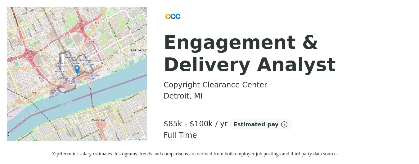 Copyright Clearance Center job posting for a Engagement & Delivery Analyst in Detroit, MI with a salary of $85,000 to $100,000 Yearly with a map of Detroit location.