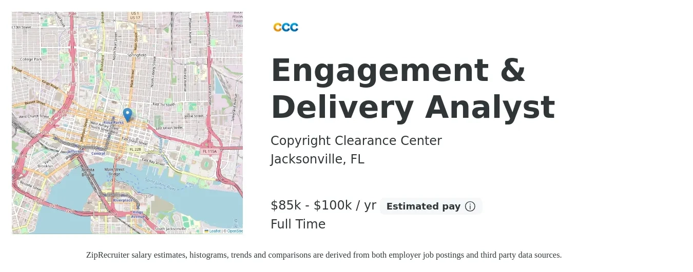 Copyright Clearance Center job posting for a Engagement & Delivery Analyst in Jacksonville, FL with a salary of $85,000 to $100,000 Yearly with a map of Jacksonville location.