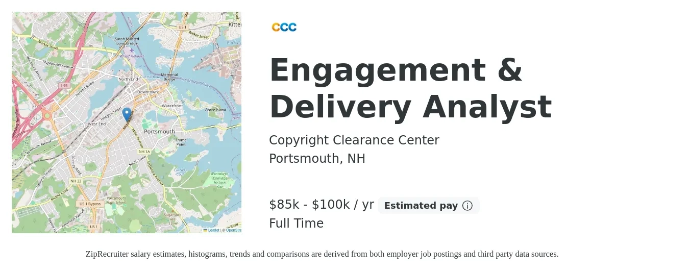 Copyright Clearance Center job posting for a Engagement & Delivery Analyst in Portsmouth, NH with a salary of $85,000 to $100,000 Yearly with a map of Portsmouth location.