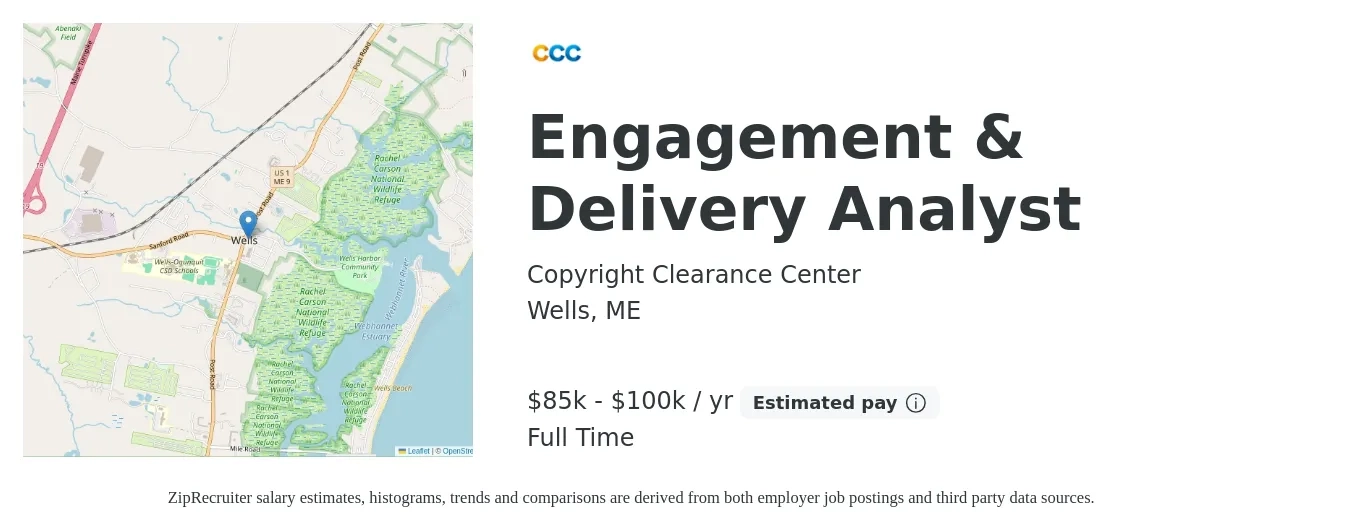 Copyright Clearance Center job posting for a Engagement & Delivery Analyst in Wells, ME with a salary of $85,000 to $100,000 Yearly with a map of Wells location.