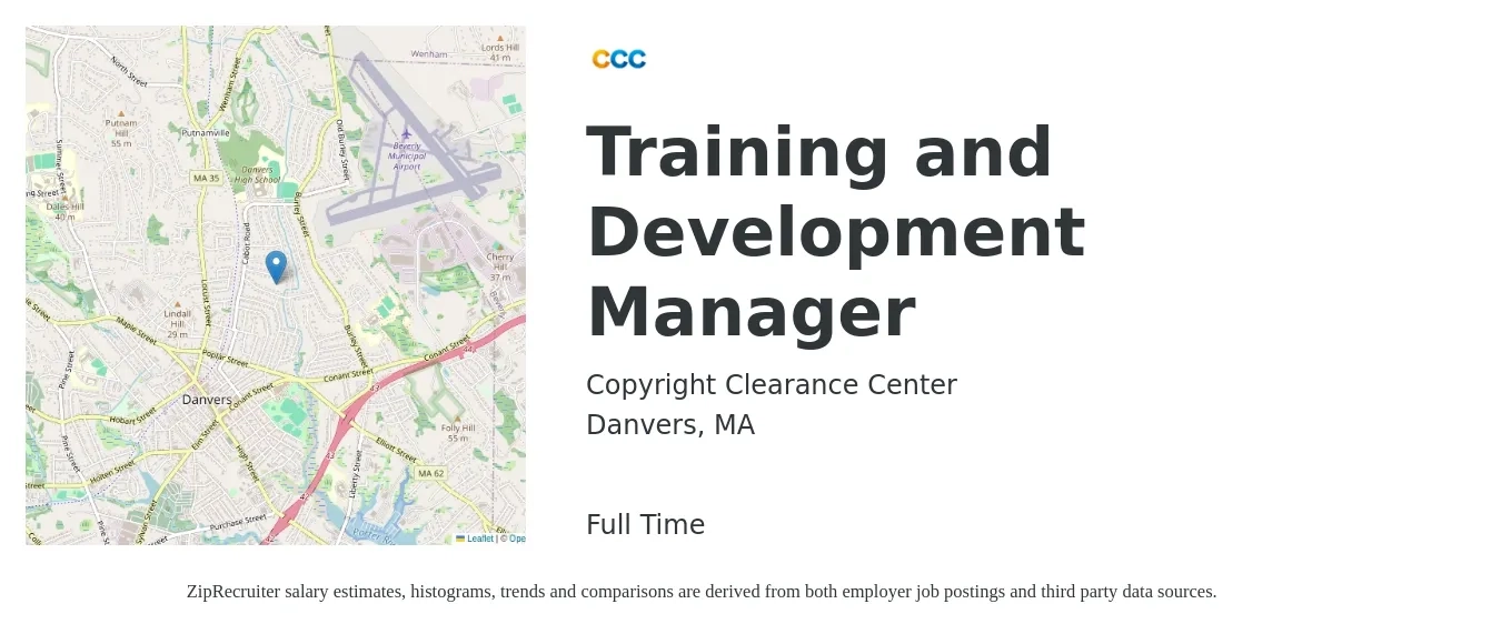 Copyright Clearance Center job posting for a Training and Development Manager in Danvers, MA with a salary of $63,400 to $104,700 Yearly with a map of Danvers location.