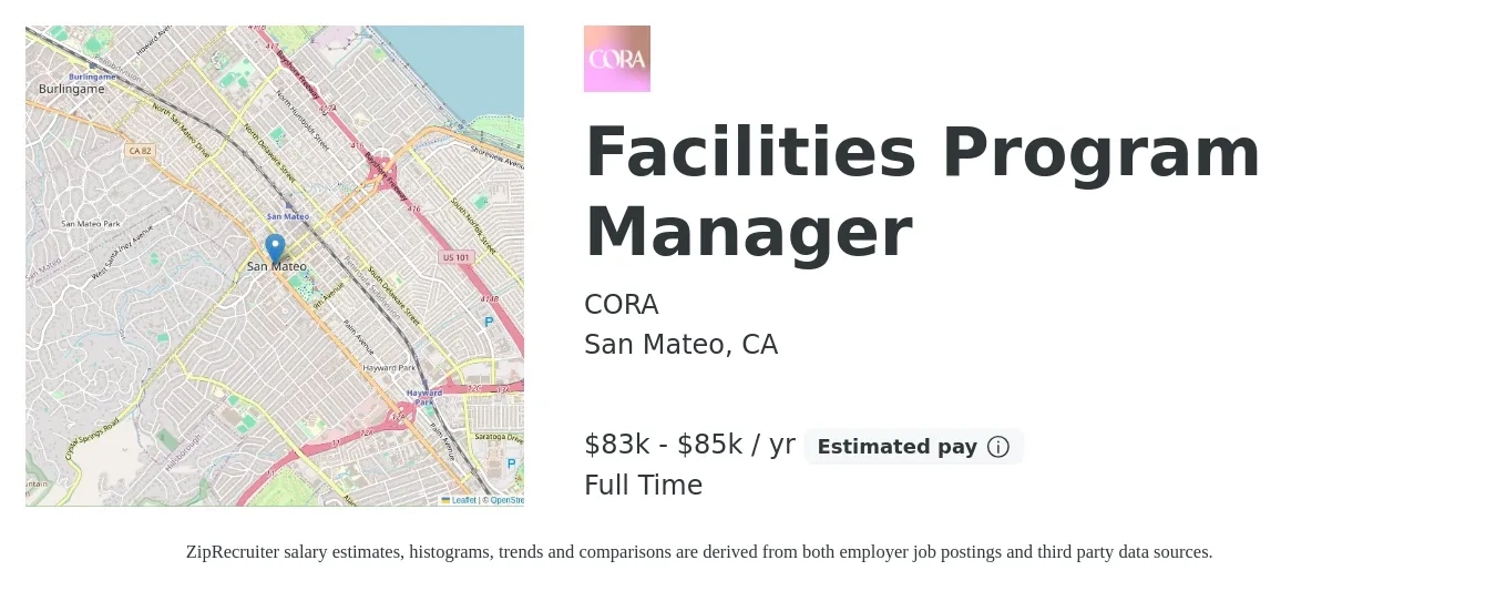 CORA job posting for a Facilities Program Manager in San Mateo, CA with a salary of $83,000 to $85,000 Yearly with a map of San Mateo location.