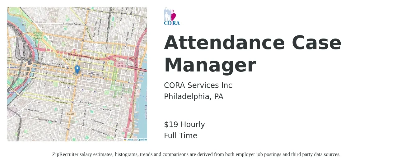 CORA Services Inc job posting for a Attendance Case Manager in Philadelphia, PA with a salary of $20 Hourly with a map of Philadelphia location.