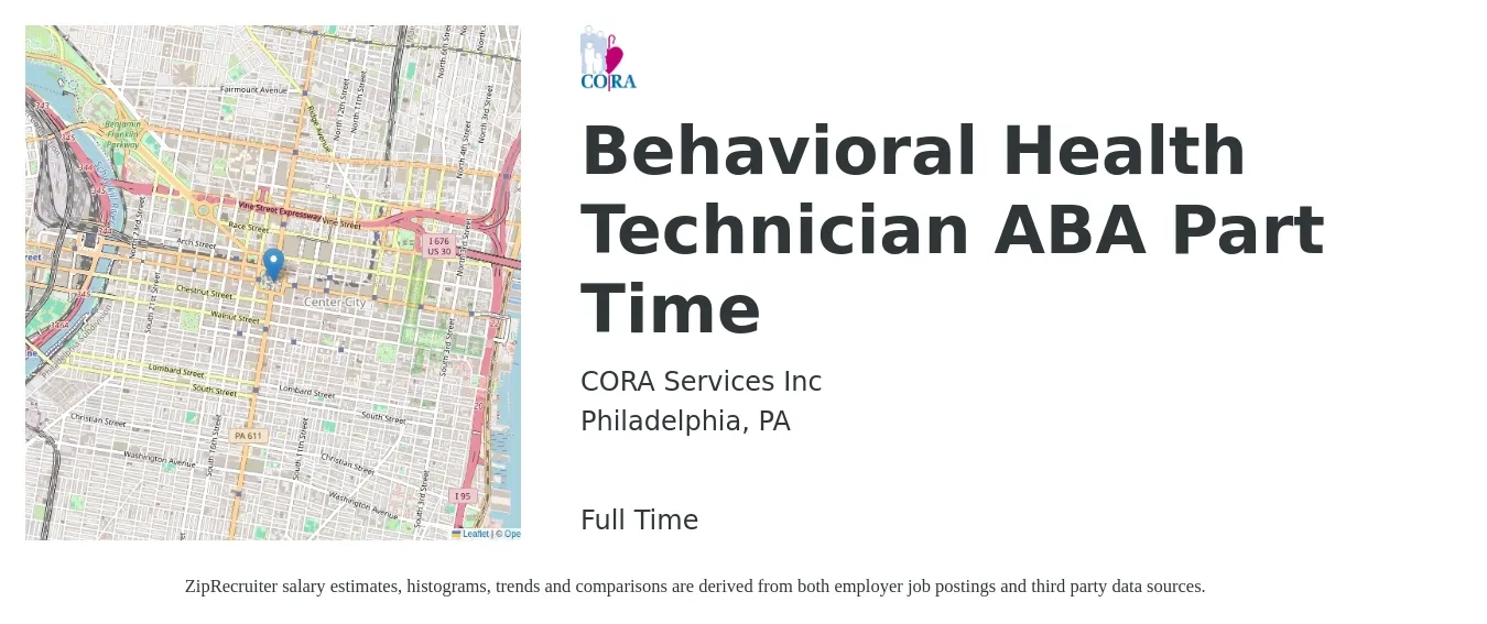 CORA Services Inc job posting for a Behavioral Health Technician ABA Part Time in Philadelphia, PA with a salary of $16 to $19 Hourly with a map of Philadelphia location.