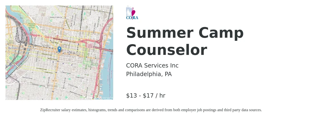 CORA Services Inc job posting for a Summer Camp Counselor in Philadelphia, PA with a salary of $14 to $18 Hourly with a map of Philadelphia location.