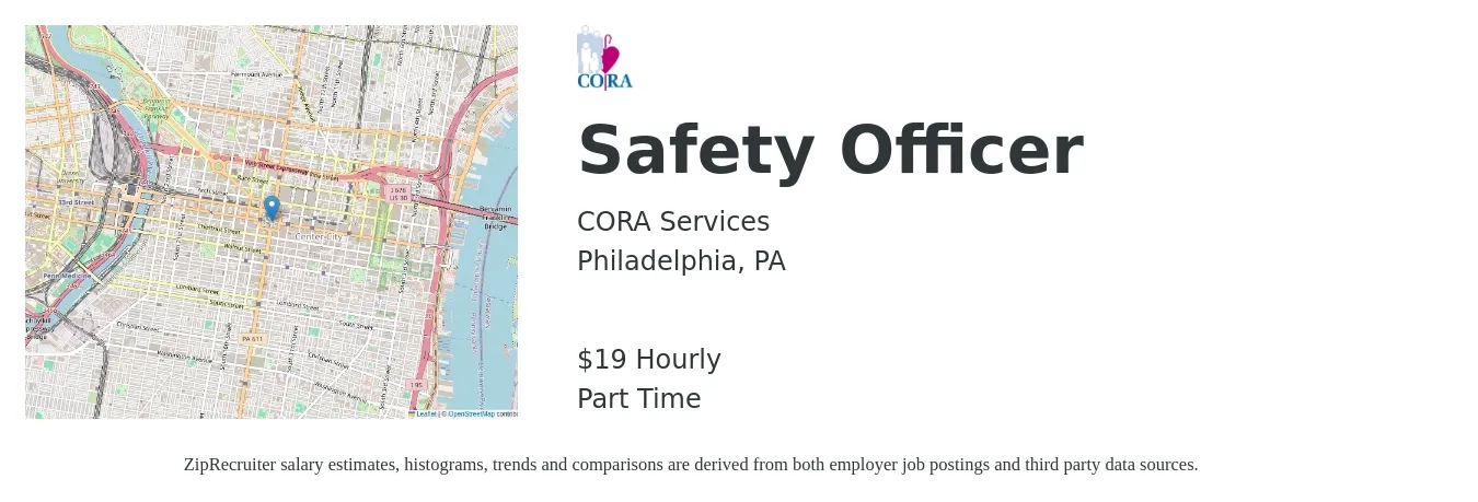 CORA Services Inc job posting for a Safety Officer in Philadelphia, PA with a salary of $17 Hourly with a map of Philadelphia location.