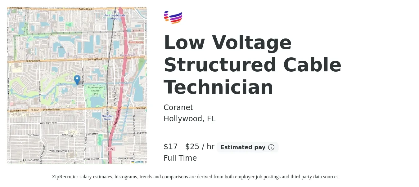 Coranet job posting for a Low Voltage Structured Cable Technician in Hollywood, FL with a salary of $18 to $26 Hourly with a map of Hollywood location.