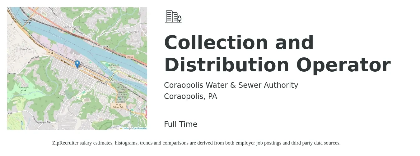 Coraopolis Water & Sewer Authority job posting for a Collection and Distribution Operator in Coraopolis, PA with a salary of $16 to $18 Hourly with a map of Coraopolis location.