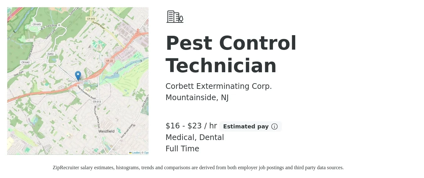 Corbett Exterminating Corp. job posting for a Pest Control Technician in Mountainside, NJ with a salary of $17 to $24 Hourly and benefits including retirement, dental, life_insurance, medical, and pto with a map of Mountainside location.