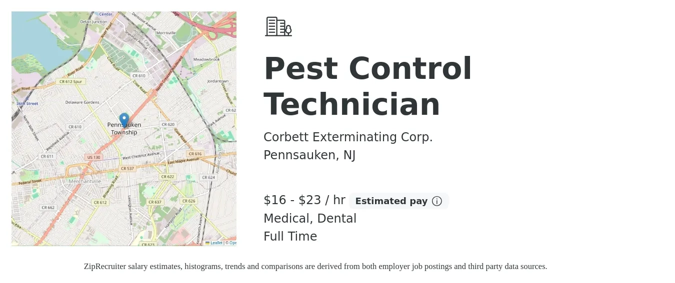Corbett Exterminating Corp. job posting for a Pest Control Technician in Pennsauken, NJ with a salary of $17 to $24 Hourly and benefits including dental, life_insurance, medical, pto, and retirement with a map of Pennsauken location.