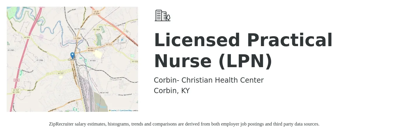 Corbin- Christian Health Center job posting for a Licensed Practical Nurse (LPN) in Corbin, KY with a salary of $26 to $35 Hourly with a map of Corbin location.