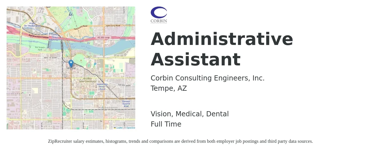 Corbin Consulting Engineers, Inc. job posting for a Administrative Assistant in Tempe, AZ with a salary of $17 to $23 Hourly and benefits including dental, life_insurance, medical, pto, retirement, and vision with a map of Tempe location.