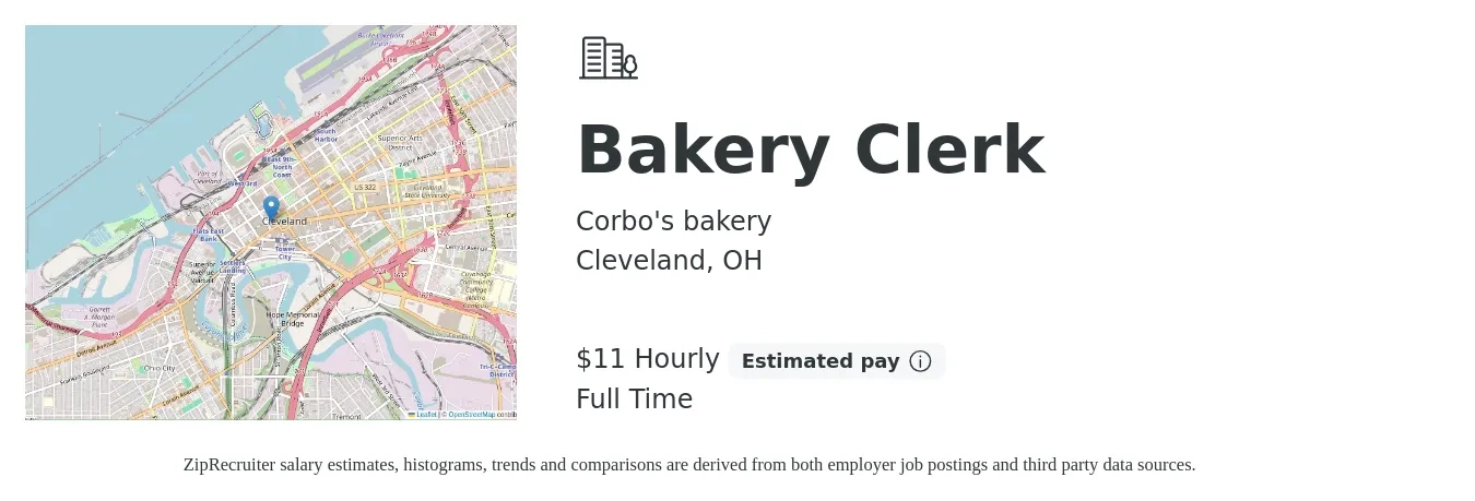 Corbo's bakery job posting for a Bakery Clerk in Cleveland, OH with a salary of $12 Hourly with a map of Cleveland location.