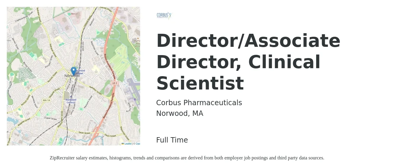 Corbus Pharmaceuticals job posting for a Director/Associate Director, Clinical Scientist in Norwood, MA with a salary of $38 to $84 Hourly with a map of Norwood location.