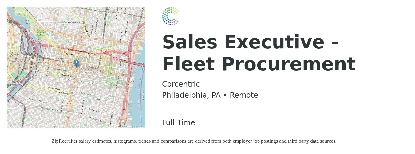 Corcentric job posting for a Sales Executive - Fleet Procurement in Philadelphia, PA with a salary of $57,500 to $98,900 Yearly with a map of Philadelphia location.