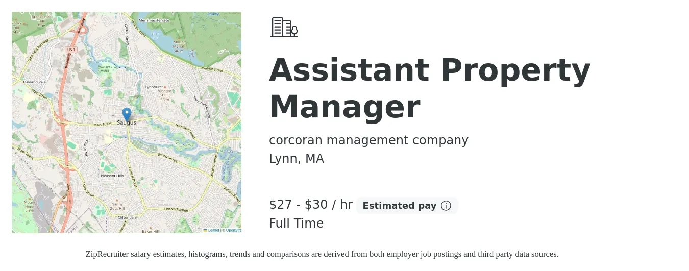corcoran management company job posting for a Assistant Property Manager in Lynn, MA with a salary of $29 to $32 Hourly with a map of Lynn location.