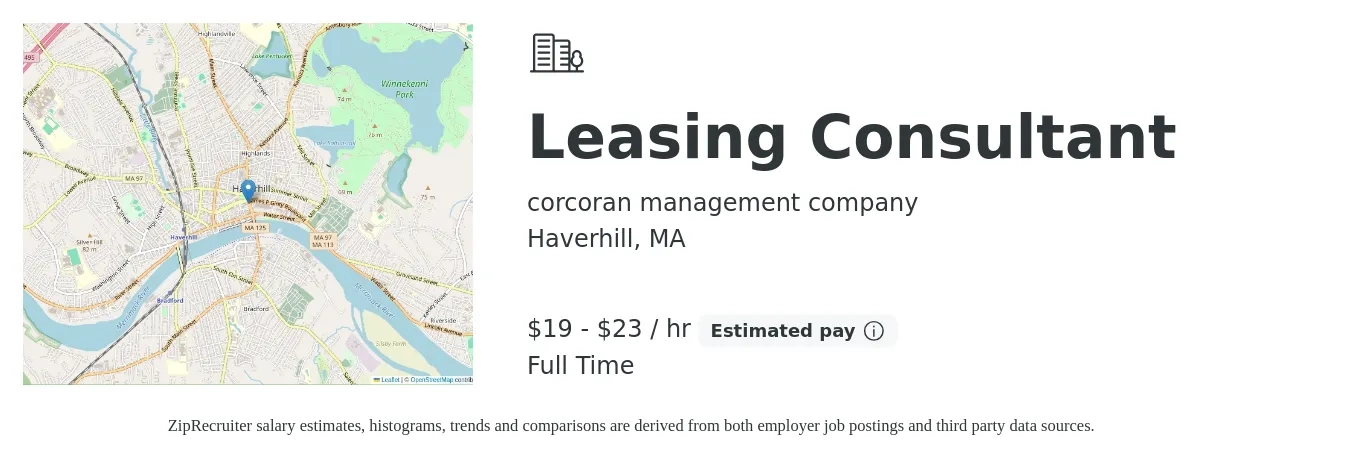 corcoran management company job posting for a Leasing Consultant in Haverhill, MA with a salary of $20 to $24 Hourly with a map of Haverhill location.
