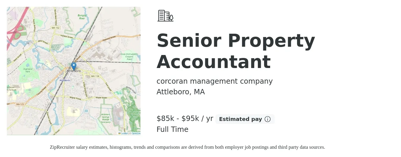 corcoran management company job posting for a Senior Property Accountant in Attleboro, MA with a salary of $85,000 to $95,000 Yearly with a map of Attleboro location.