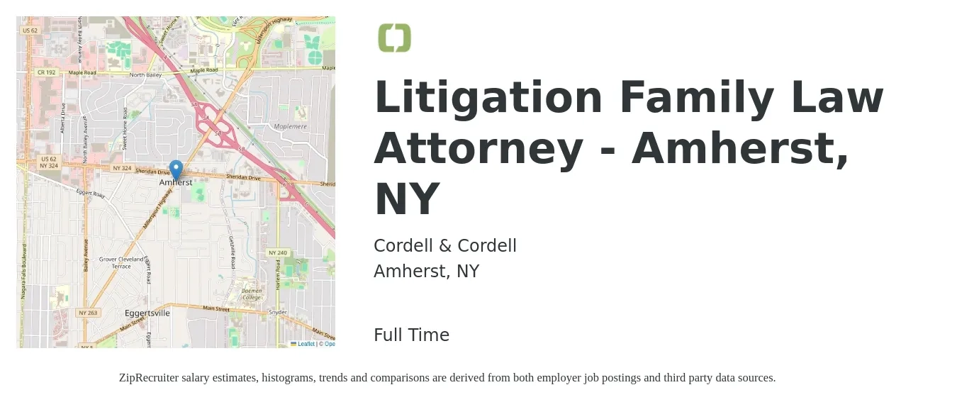 Cordell & Cordell job posting for a Litigation Family Law Attorney - Amherst, NY in Amherst, NY with a salary of $71,900 to $112,900 Yearly with a map of Amherst location.